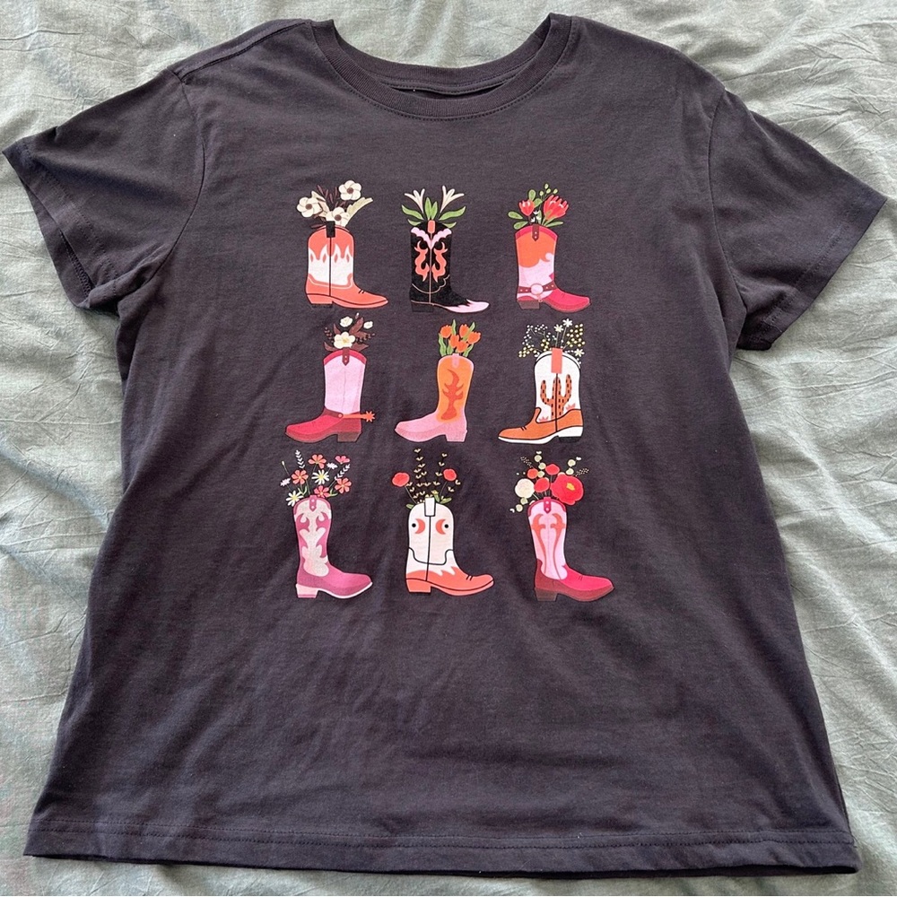 Women's Short Sleeve Graphic Tee - Pink & Black Floral Cowboy Boot Design